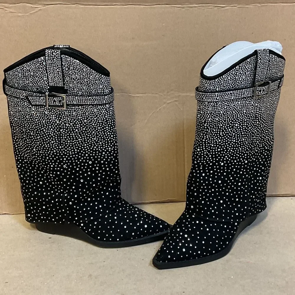 Madden Girl Black and White Rhinestone Heeled Boots - Picture 1 of 5
